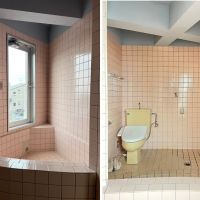 滋賀県大津市千石台1-5の売買物件/3F|ピンクのタイルで囲まれたバスルームにはトイレと洗濯機置き場もある