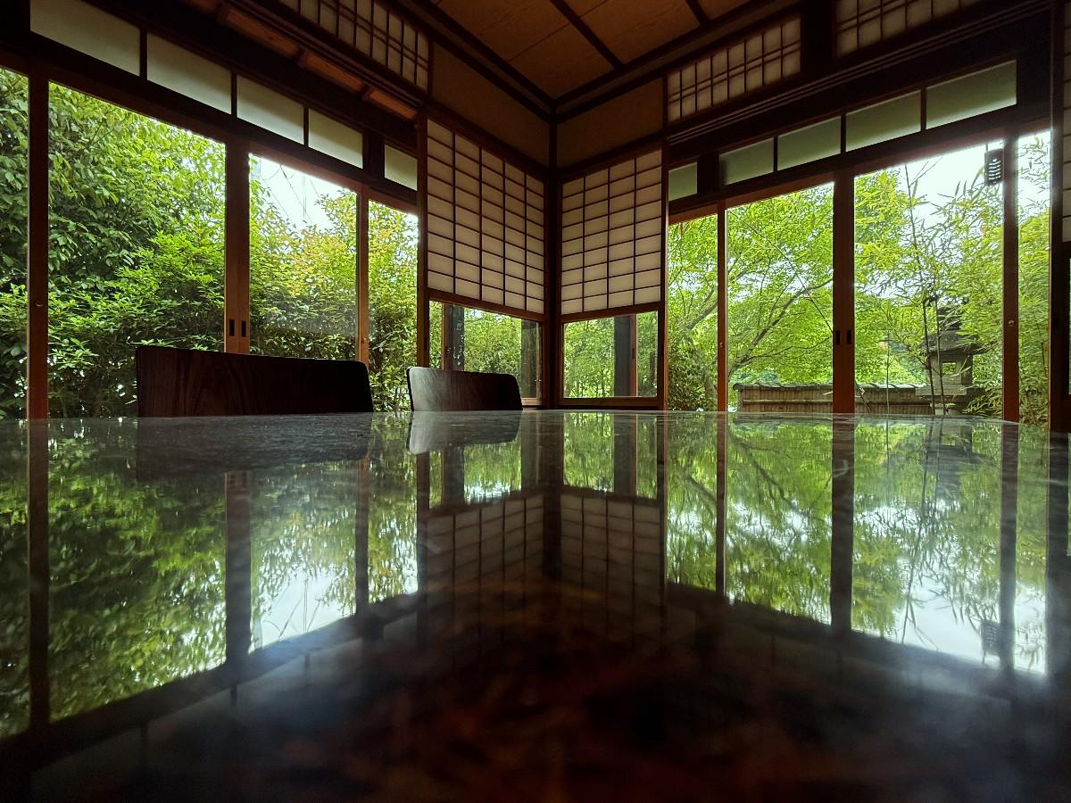 京都市東山区今熊野日吉町191-344の売買物件/西和室より庭を見る。某寺のような写真も撮れます。カーテン不要でたくさんの緑と崖上という立地で抜群の解放感。西側の緑を低く整えたら京都タワーも望めます