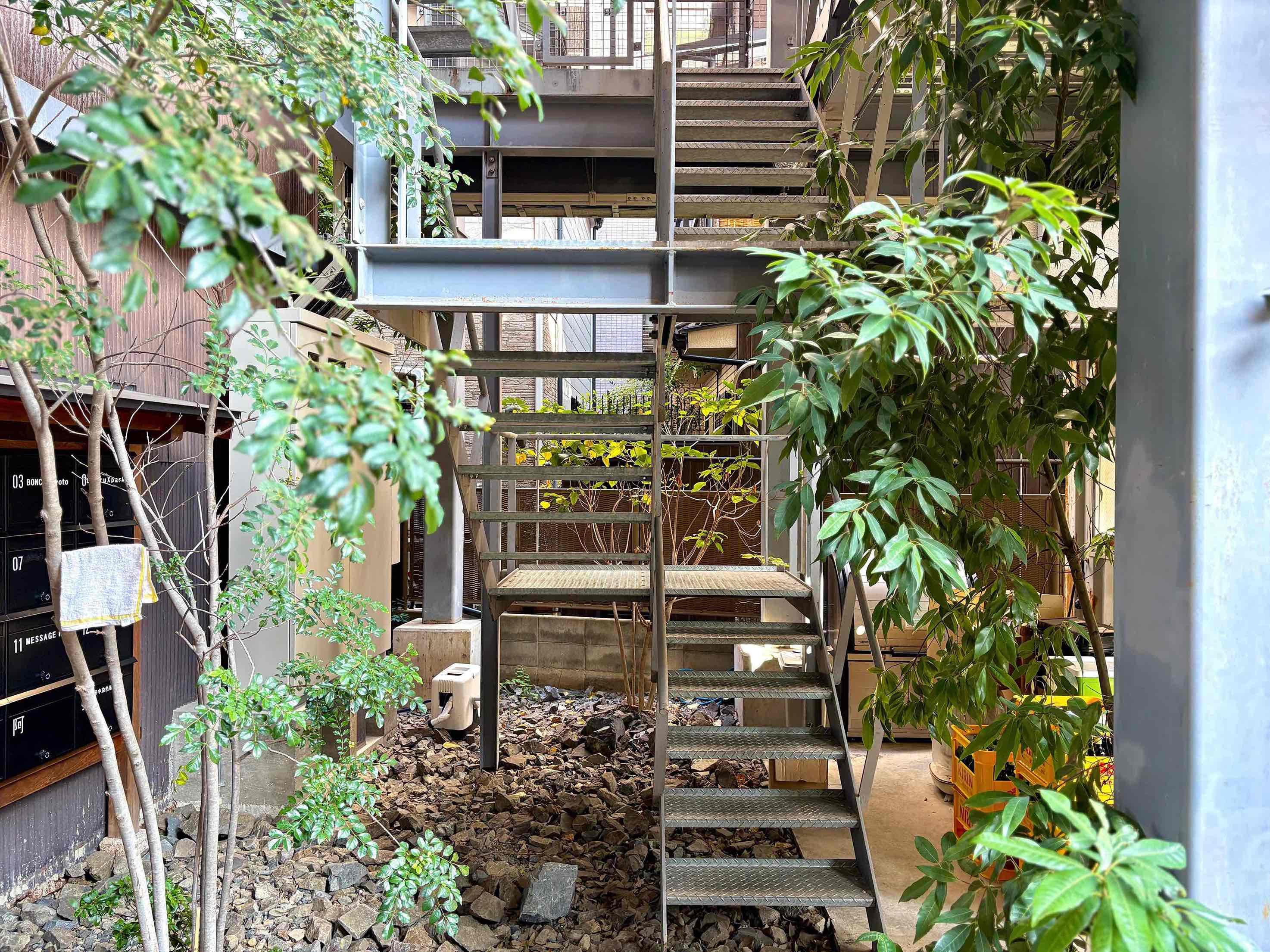 京都市中京区式阿弥町130番地の賃貸物件/鉄骨階段とグリーン。無機と有機のコントラストを感じます