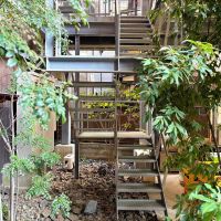 京都市中京区式阿弥町130番地の賃貸物件/鉄骨階段とグリーン。無機と有機のコントラストを感じます