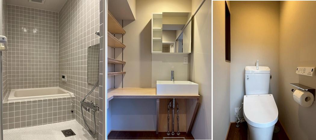 滋賀県大津市木下町7-32の売買物件/バスルームは淡いグレーのタイルに囲まれている