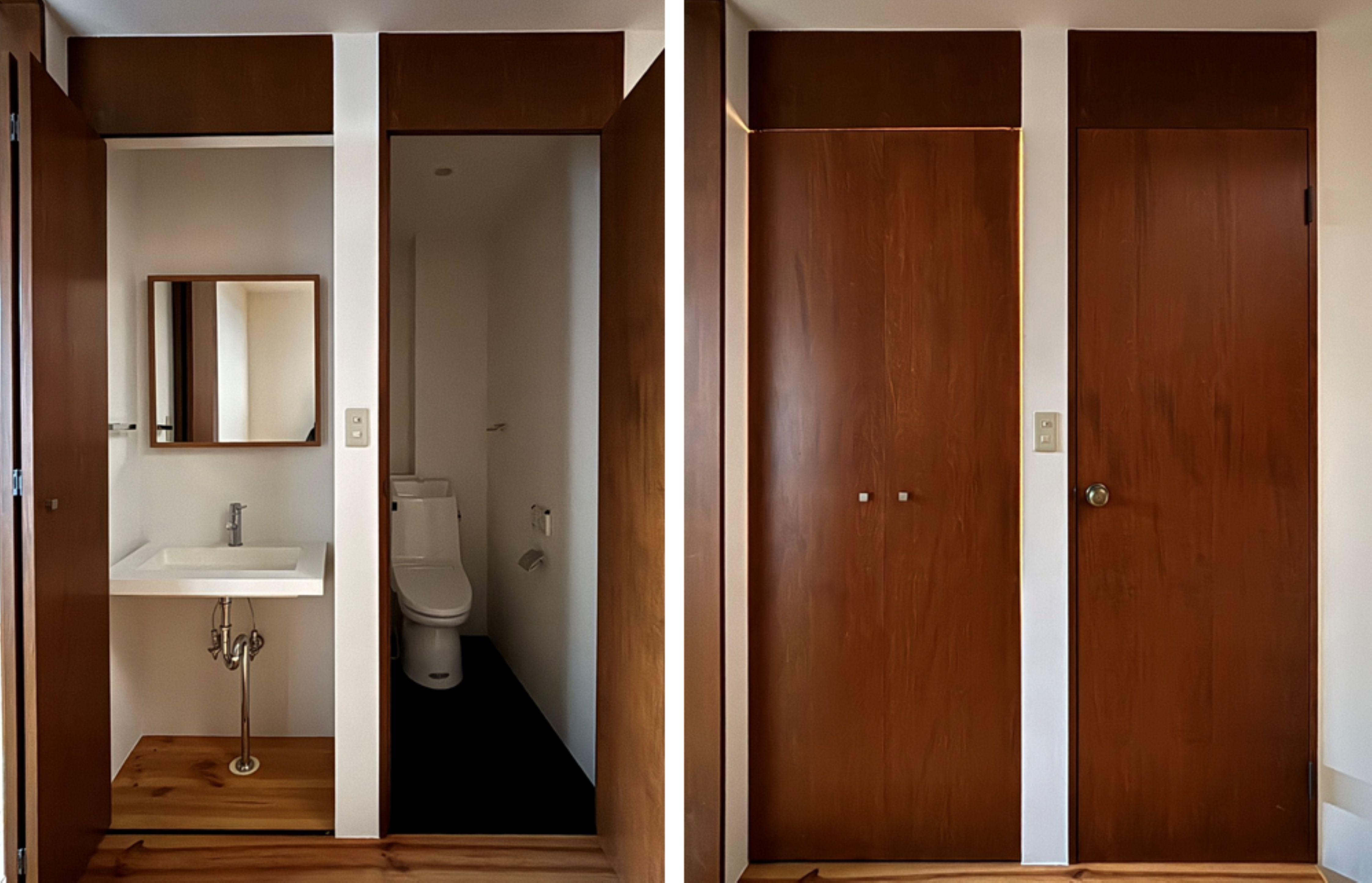 京都市北区小山初音町60-2の賃貸物件/1F│左が扉を開けたところ、右が閉めたところ。天井まで扉がありホテル感漂います