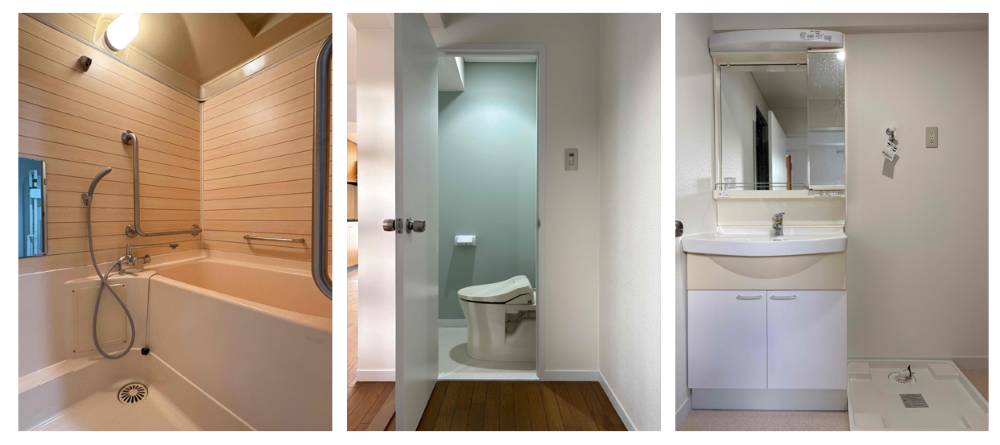 京都市上京区室町通一条下る薬屋町419の賃貸物件/浴室は木目調のシール。トイレは意外な方向を向いています。