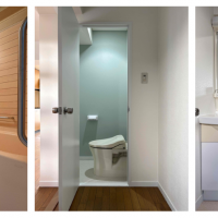 京都市上京区室町通一条下る薬屋町419の賃貸物件/浴室は木目調のシール。トイレは意外な方向を向いています。