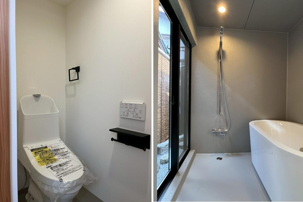 滋賀県大津市尾花川9-18の売買物件/掃出し窓の開放的なバスルーム。脱衣場にはタオルヒーターも設置済。