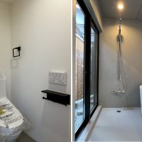 滋賀県大津市尾花川9-18の売買物件/掃出し窓の開放的なバスルーム。脱衣場にはタオルヒーターも設置済。