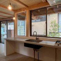 京都市左京区修学院檜峠町11-23の賃貸物件/D号室｜シンプルなキッチンには2口ガスコンロ。背面に収納棚と冷蔵庫置き場