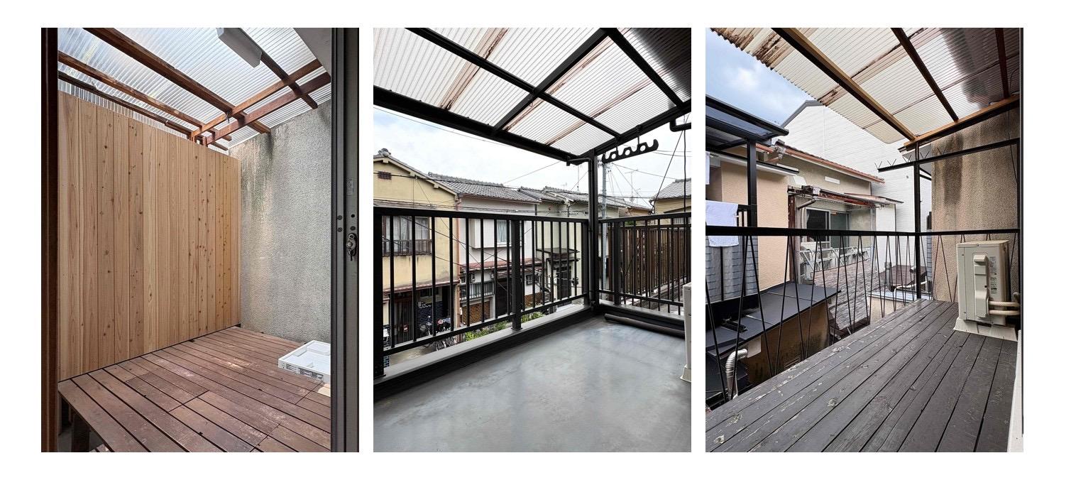 京都市右京区太秦和泉式部町3-43の賃貸物件/1階ウッドデッキ｜2階洋室のベランダ｜2階和室のベランダ