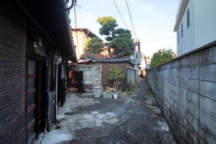 貸家前からのショット。川に面して三角の敷地です。