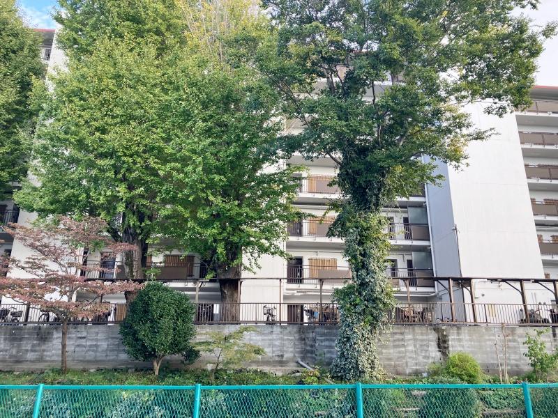 大阪府寝屋川市清水町の賃貸物件/緑地側から物件を見る。