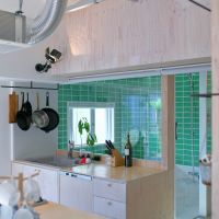 大阪府豊中市上新田４丁目の賃貸物件/セパレートタイプのアイランドキッチン。ガラス越しに浴室があり、子供の入浴を見守りながら料理をできるという画期的な構成です。