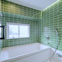 大阪府豊中市上新田４丁目の賃貸物件/浴室はゆとりある1616サイズ。壁面いっぱいに敷き詰められたグリーンのタイルはガラス越しにLDKのインテリアにも。