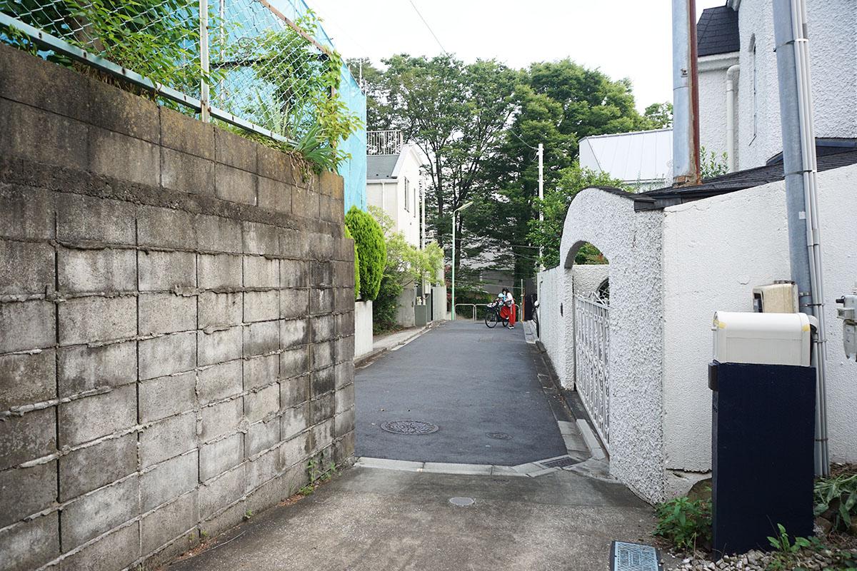 世田谷区瀬田の賃貸物件/玄関を背にして敷地入り口を見た様子。L字の道です