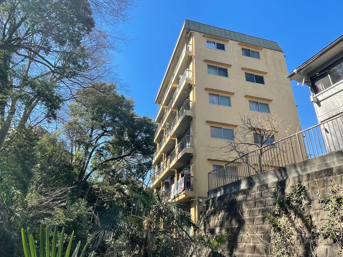 世田谷区等々力の賃貸物件/当物件は黄色いマンション。すぐ横が等々力渓谷です