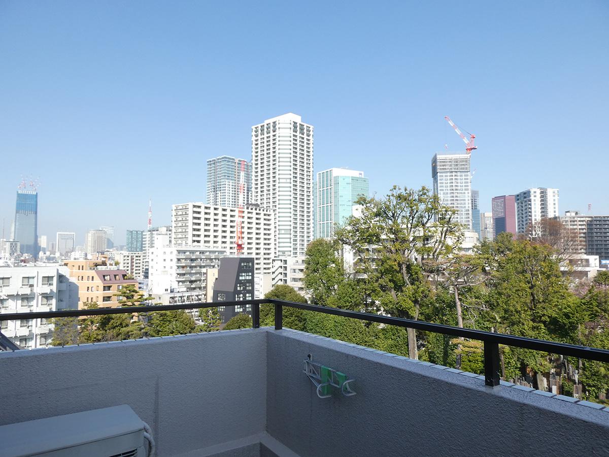 港区白金の賃貸物件/小さい方のバルコニーも良い眺め。隣がお寺なので、覗き込むと墓が見えます