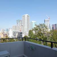 港区白金の賃貸物件/小さい方のバルコニーも良い眺め。隣がお寺なので、覗き込むと墓が見えます