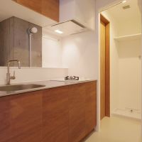 横浜市港北区菊名の賃貸物件/キッチンの奥がサニタリー。防炎のカーテンはこれから設置予定ですが区切ることも、オープンに使うことも可能