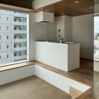 江東区門前仲町の賃貸物件/ダウンフロアになっているカーペット部分と、その先にあるキッチン。右手にあるのは全身鏡（窓の景色が反射しています）
