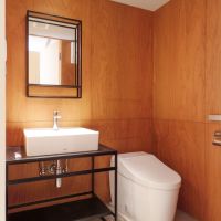 目黒区上目黒の賃貸物件/ホテルライクなサニタリー。壁の木材も、いい雰囲気