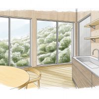 町田市忠生の売買物件/2階内観イメージ。天井や壁は針葉樹合板の壁でラフな雰囲気に。床は無垢フローリング。窓からはもさもさの緑！