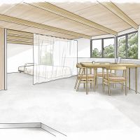 町田市忠生の売買物件/1階内観イメージ。仕事や趣味のスペースなど、自由に使えるように玄関からほぼフラットにつながる広い土間空間。あえてゆるくカーテンで仕切るのもアリかも