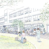 世田谷区池尻の賃貸物件/1階店舗のテラスのイメージパース。ランチやおやつ休憩に利用したくなりますね