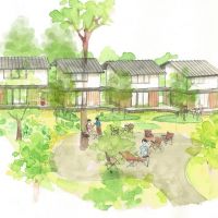 埼玉県新座市畑中の賃貸物件/大きなケヤキの木の下に佇む。4つの賃貸戸建が独立して建ち、目の前には庭が広がります