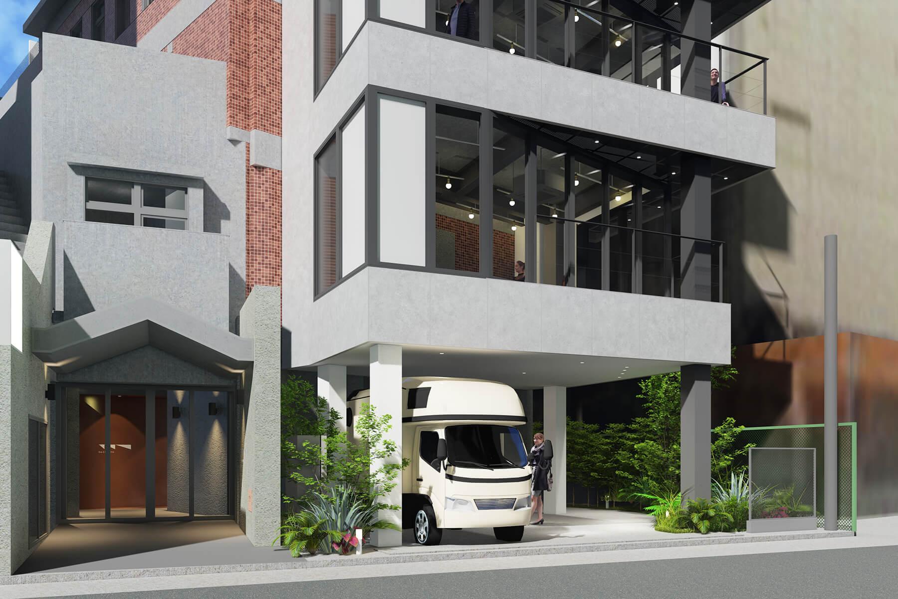渋谷区渋谷の賃貸物件/エントランスの完成イメージパース。駐車場部分にはキッチンカーを誘致する予定です