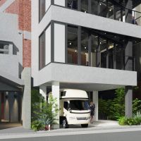 渋谷区渋谷の賃貸物件/エントランスの完成イメージパース。駐車場部分にはキッチンカーを誘致する予定です