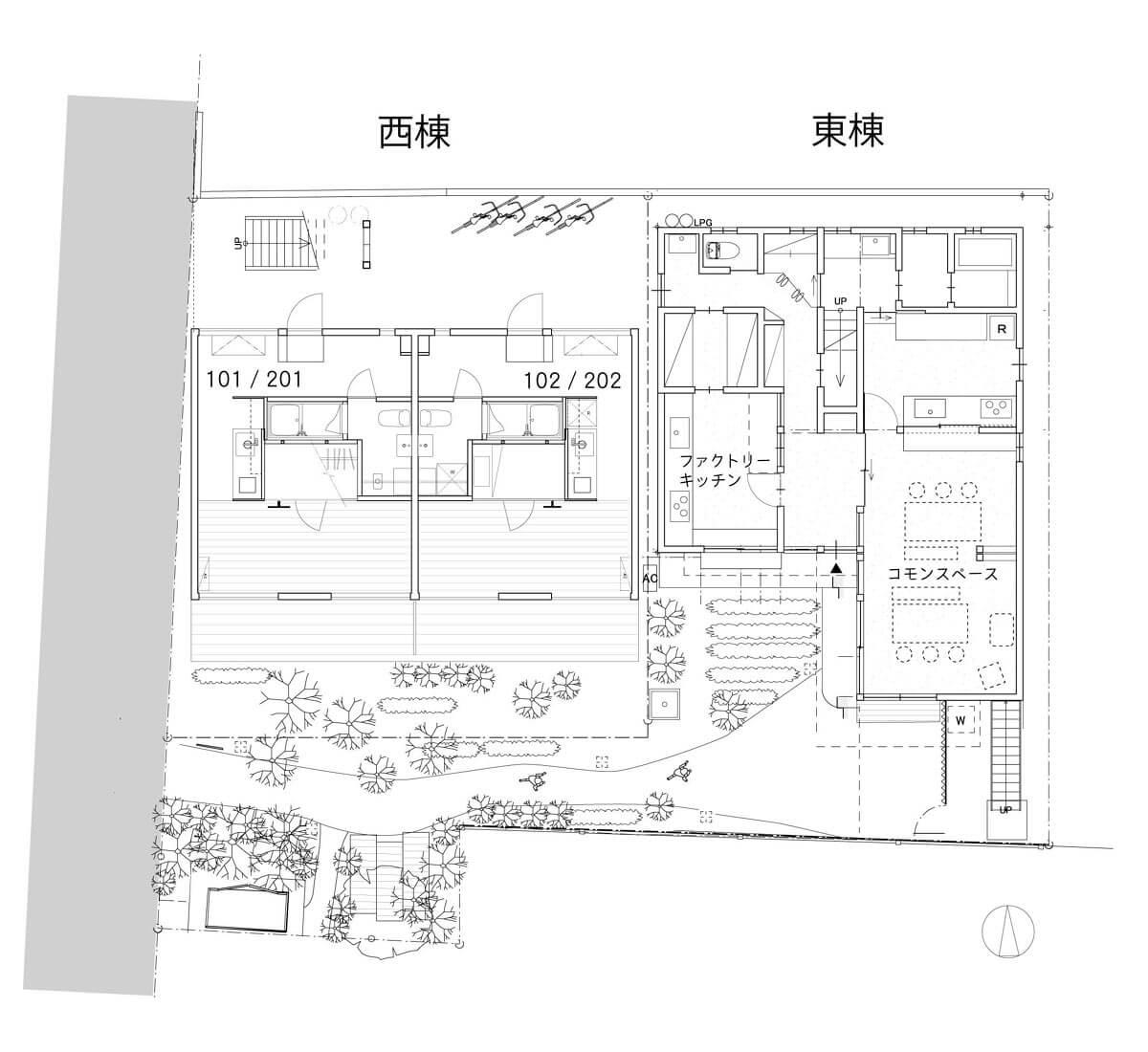 八王子市天神町の賃貸物件/敷地内の配置図、今回の募集は101/201号室