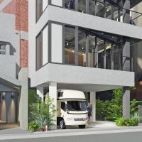 渋谷区渋谷の賃貸物件/エントランスの完成イメージパース。駐車場部分にはキッチンカーを誘致する予定です