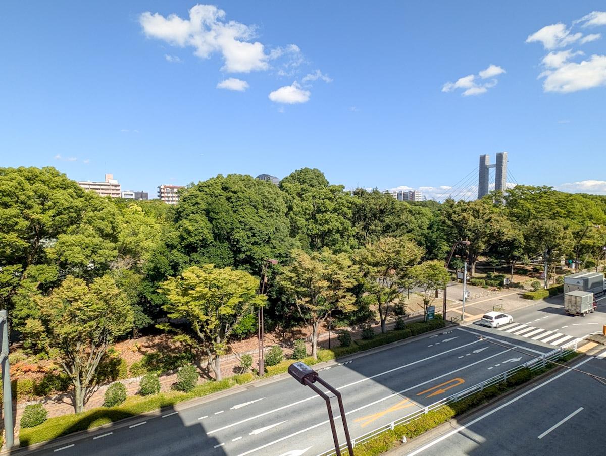 江東区平野の賃貸物件/左右に広がる木場公園の緑。手前に大通りがありますが、意外にも音はさほど聞こえません。