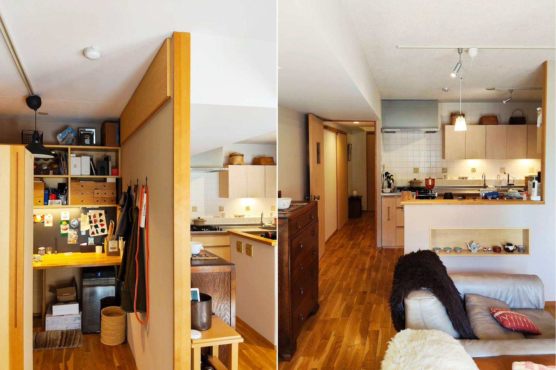 埼玉県所沢市小手指の売買物件/写真左：ダイニングの奥の書斎はおこもり感がうれしい　写真右：リビング窓際からキッチン方向への視点