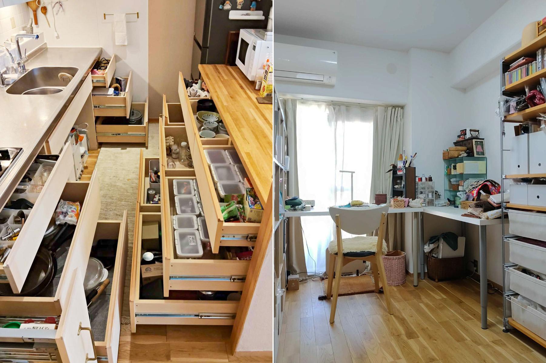 埼玉県所沢市小手指の売買物件/写真左：キッチンの収納力！　写真右：奥様のアトリエスペース