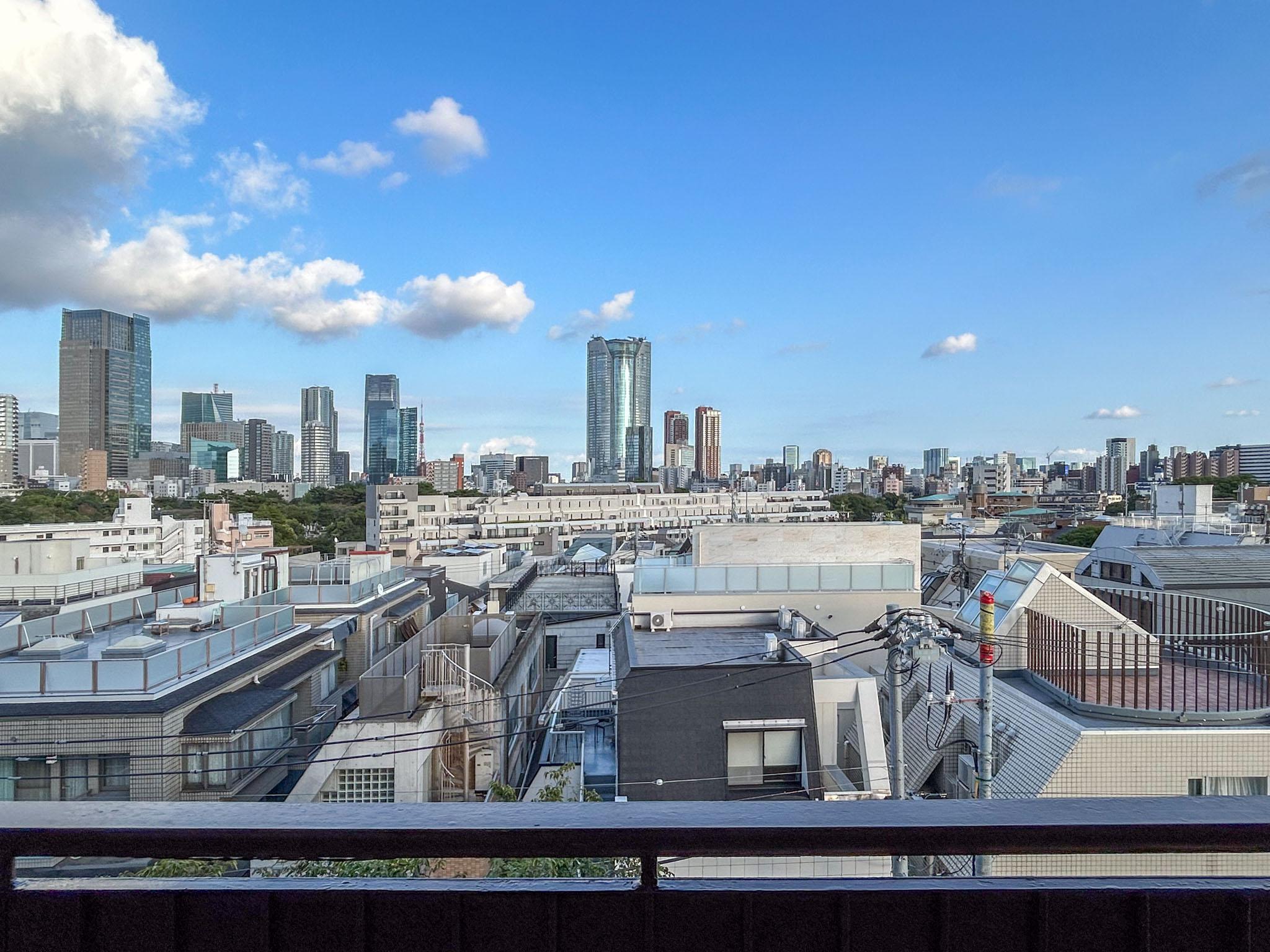 港区南青山の賃貸物件/空が広く、気持ちのいい景色。六本木、虎ノ門あたりのビル群や、東京タワーが見えます