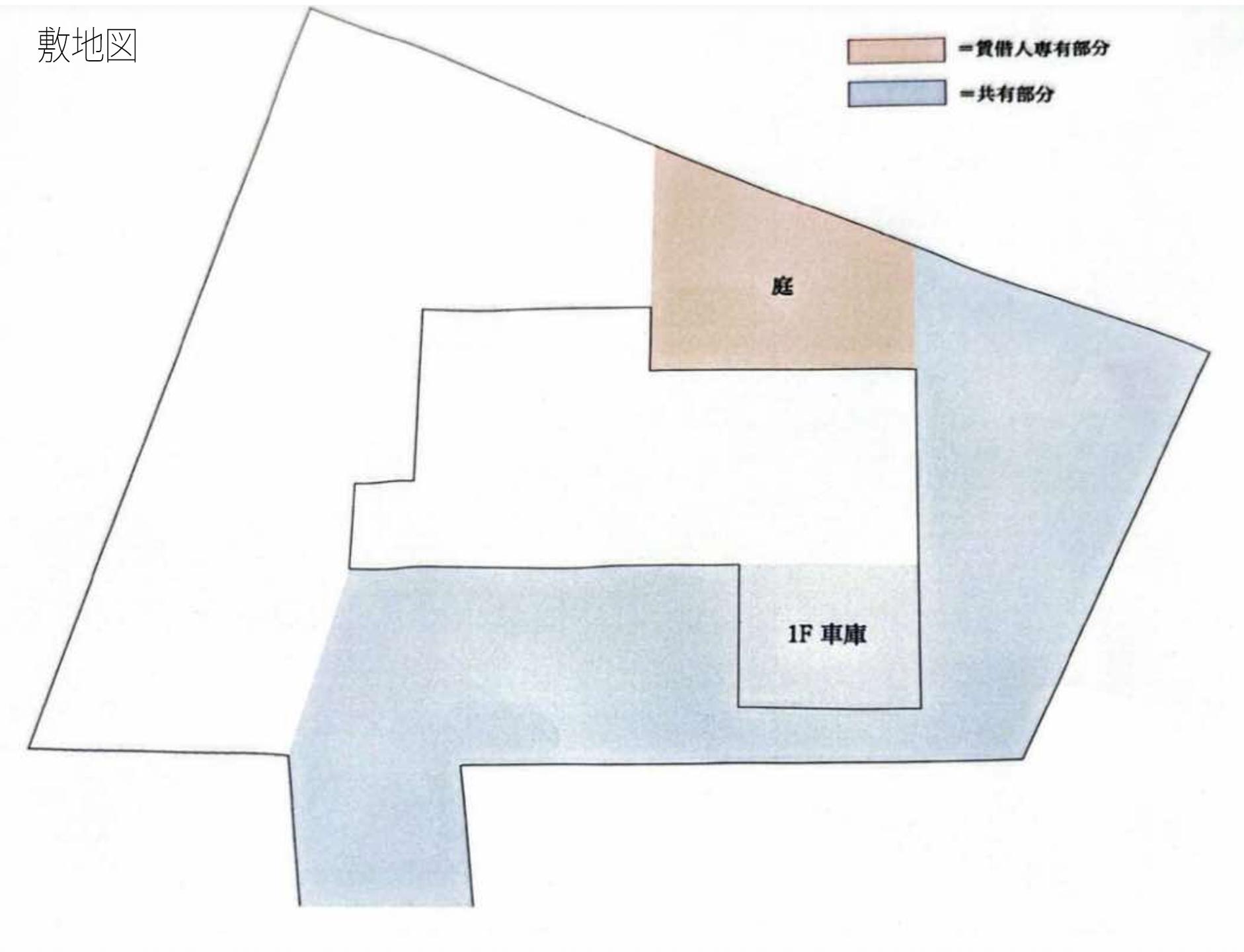 横浜市中区池袋の賃貸物件/敷地図。青い部分は共有部。広い敷地にはなりますが、共用部には車1台以外を置くことは原則不可。駐輪・バイクは要相談です