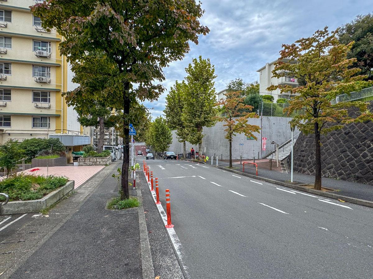 横浜市青葉区青葉台の賃貸物件/この道を挟んで左は駅、右がこの団地の敷地という位置関係