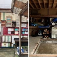 三浦市初声町和田の売買物件/倉庫｜1階は半分くらい土間です。外壁はドアやトタンなどの古材をコラージュしたようなつくりでかっこいい。