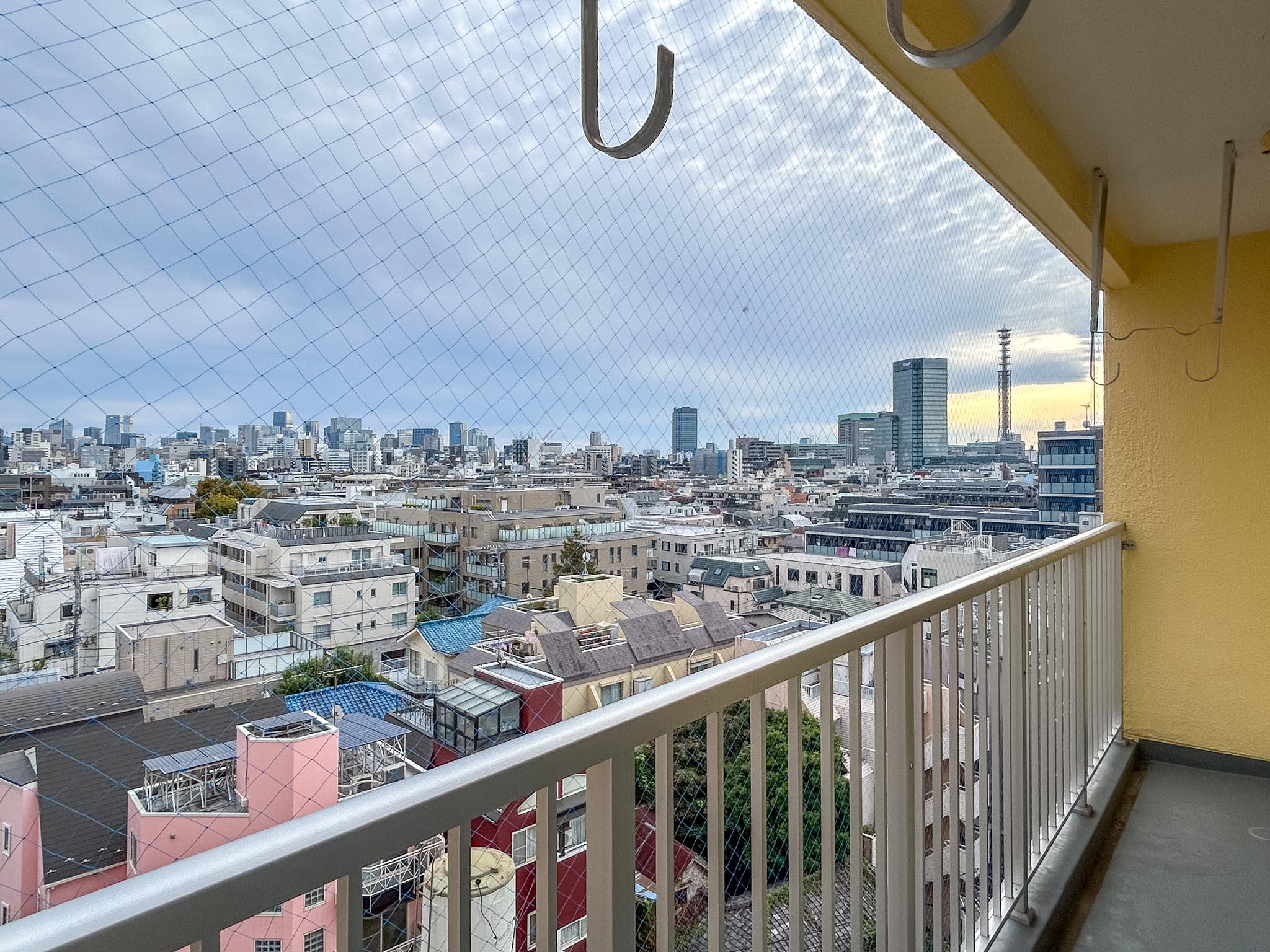 新宿区岩戸町の賃貸物件/ベランダ。鳩よけのネットが張られています