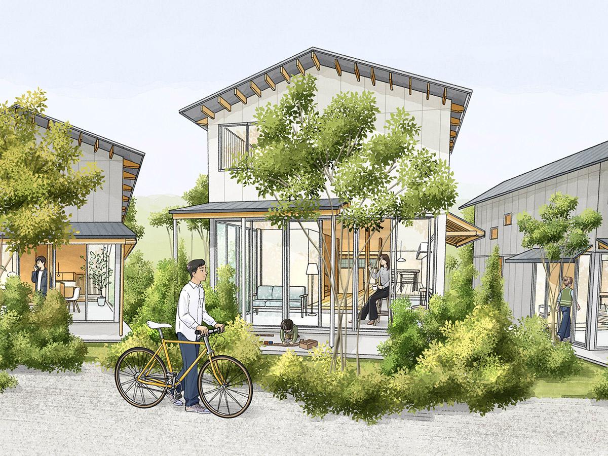 西東京市柳沢の売買物件/イメージパース：緑豊かな庭に面した土間空間は半屋外的に楽しめます