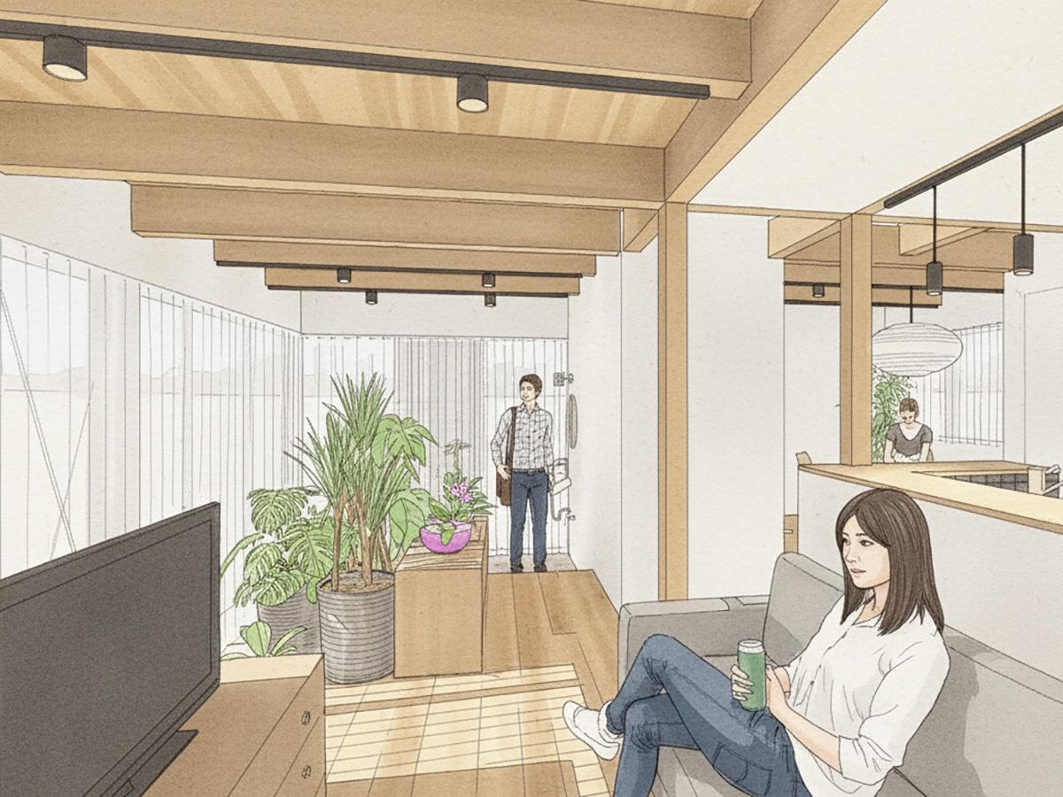 西東京市柳沢の売買物件/ゼロリノベの内装デザインのイメージパース：1階の土間空間に床を延長してリビングに