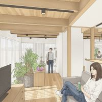 西東京市柳沢の売買物件/ゼロリノベの内装デザインのイメージパース：1階の土間空間に床を延長してリビングに