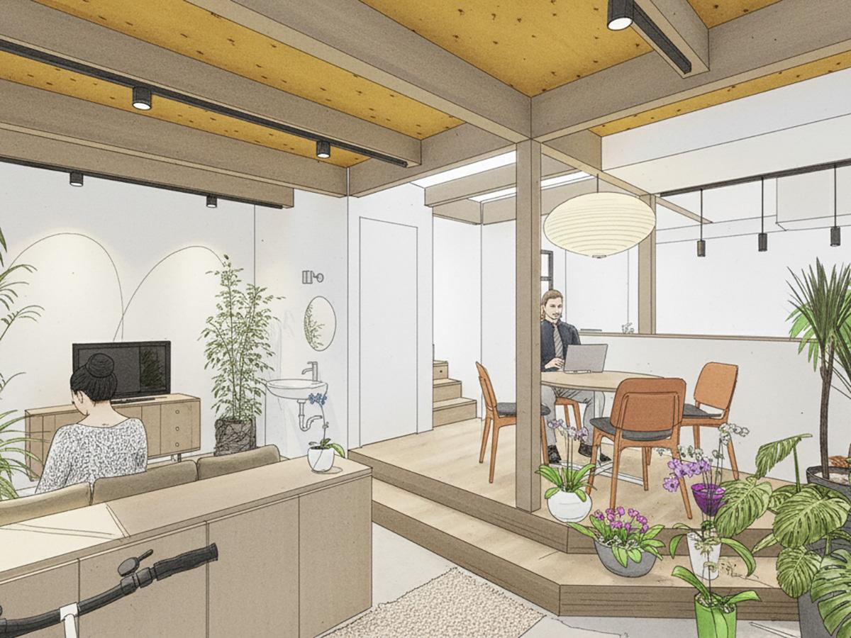 西東京市柳沢の売買物件/ゼロリノベの内装デザインのイメージパース：1階のキッチンを土間空間と対面に