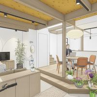 西東京市柳沢の売買物件/ゼロリノベの内装デザインのイメージパース：1階のキッチンを土間空間と対面に