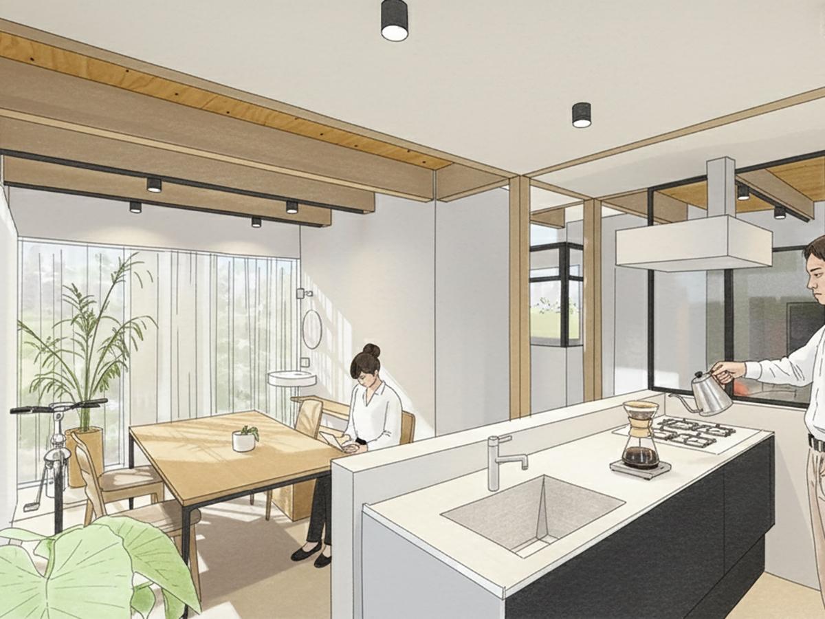 西東京市柳沢の売買物件/ゼロリノベの内装デザインのイメージパース：土間にキッチンをつくることもできます