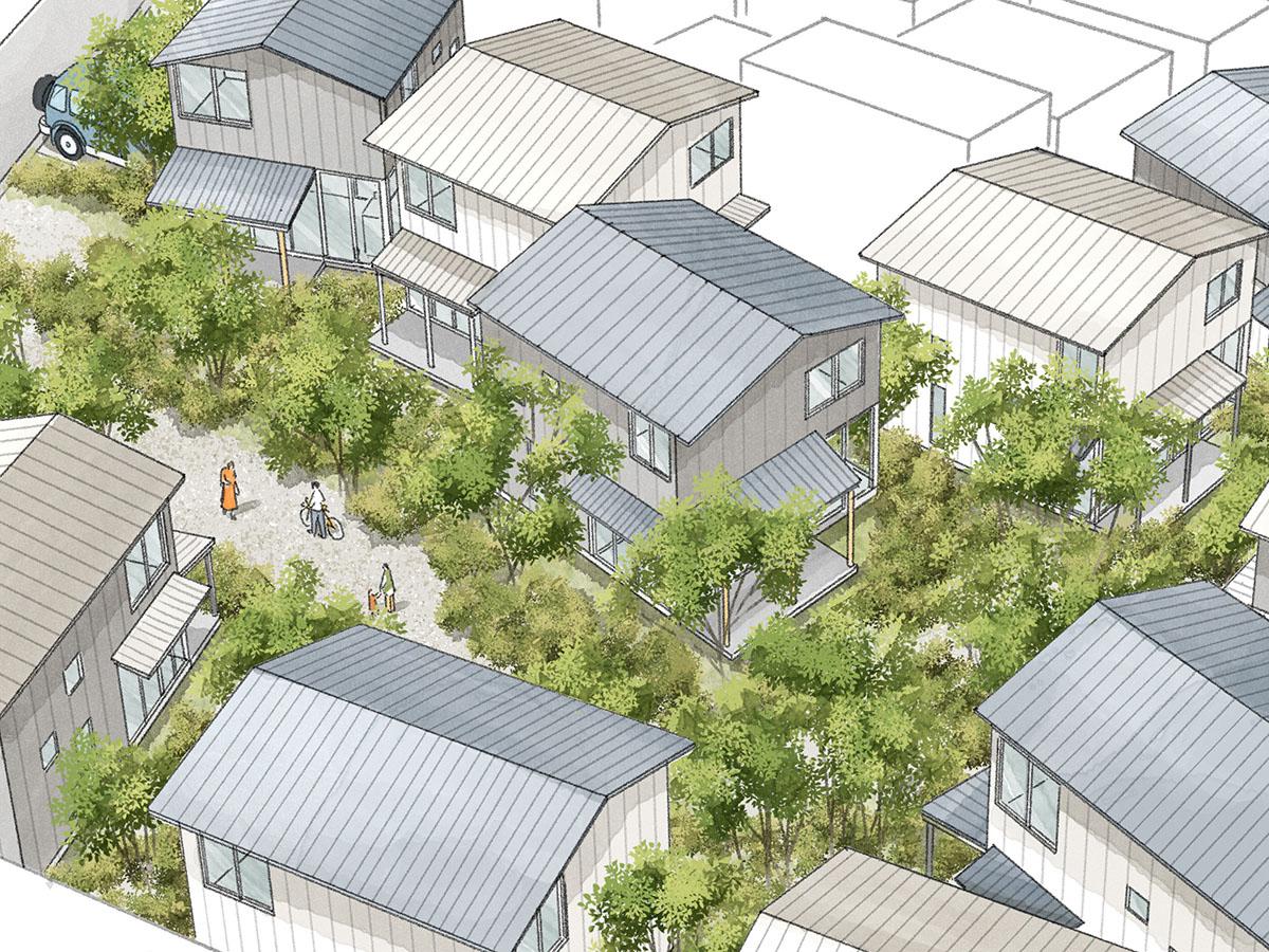 西東京市柳沢の売買物件/イメージパース：みんなの緑が集まって、森のよう。住宅地の中心に緑地を設けます