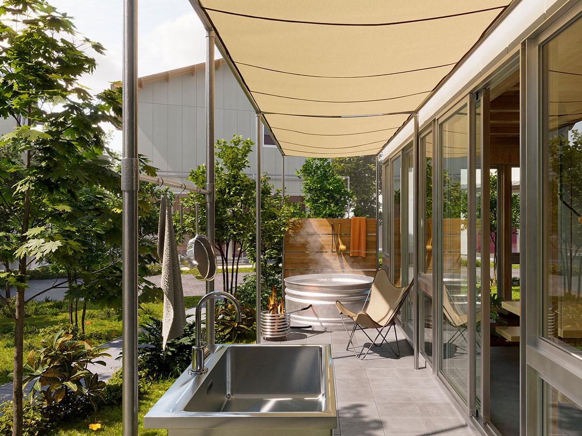 西東京市柳沢の売買物件/toolboxのデザインのイメージパース：外のテラスにお風呂！？半屋外を思いっきり楽しむプラン