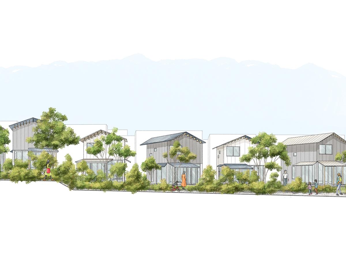 西東京市柳沢の売買物件/イメージパース：樹木や草花が、連続的な緑の風景をつくり、四季折々で違う表情を見せます。庭や土間空間の目隠しの役割もあります