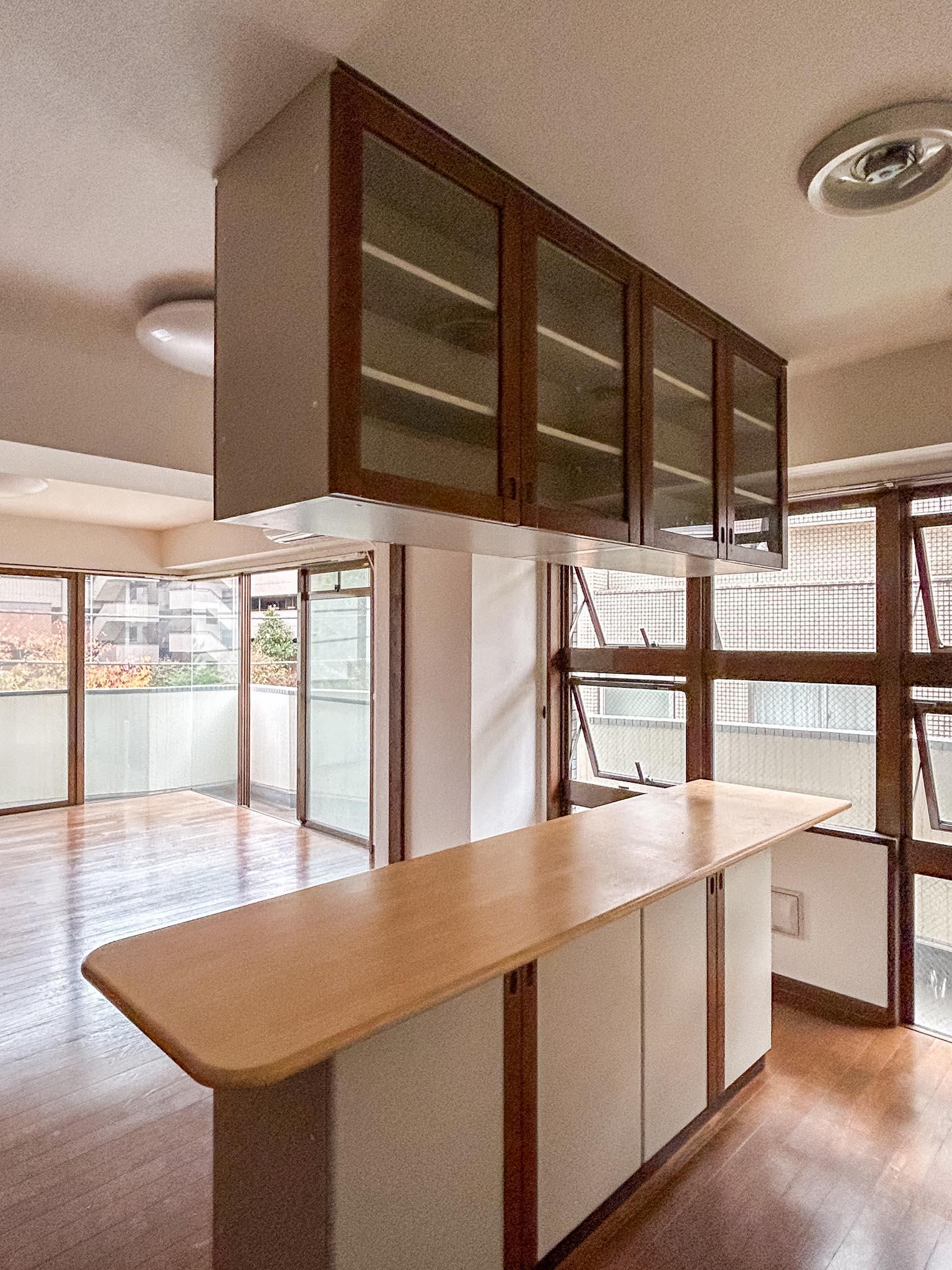 世田谷区桜新町の賃貸物件/吊戸棚とカウンター下の棚。いずれも両方向から収納できる