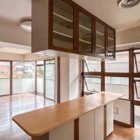 世田谷区桜新町の賃貸物件/吊戸棚とカウンター下の棚。いずれも両方向から収納できる